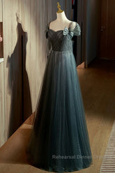 Unique Ink Blue Spotted Off Shoulder Short Sleeve Sequin Ball Dress Ink Blue A-Line Off Back Tie Bow And Floor Length Semi Formal Prom Dress